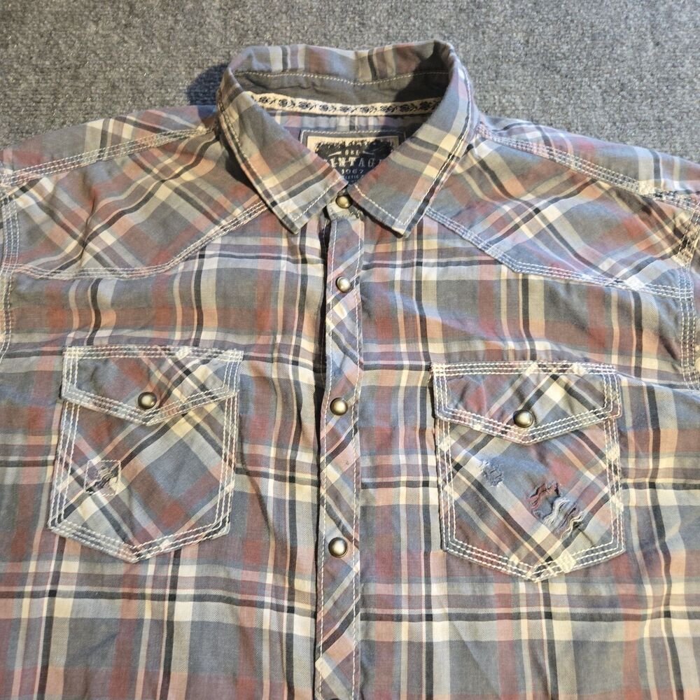 BKE Vintage Distressed Shirt Mens XL Gray Plaid Pearl Snap Western Rodeo